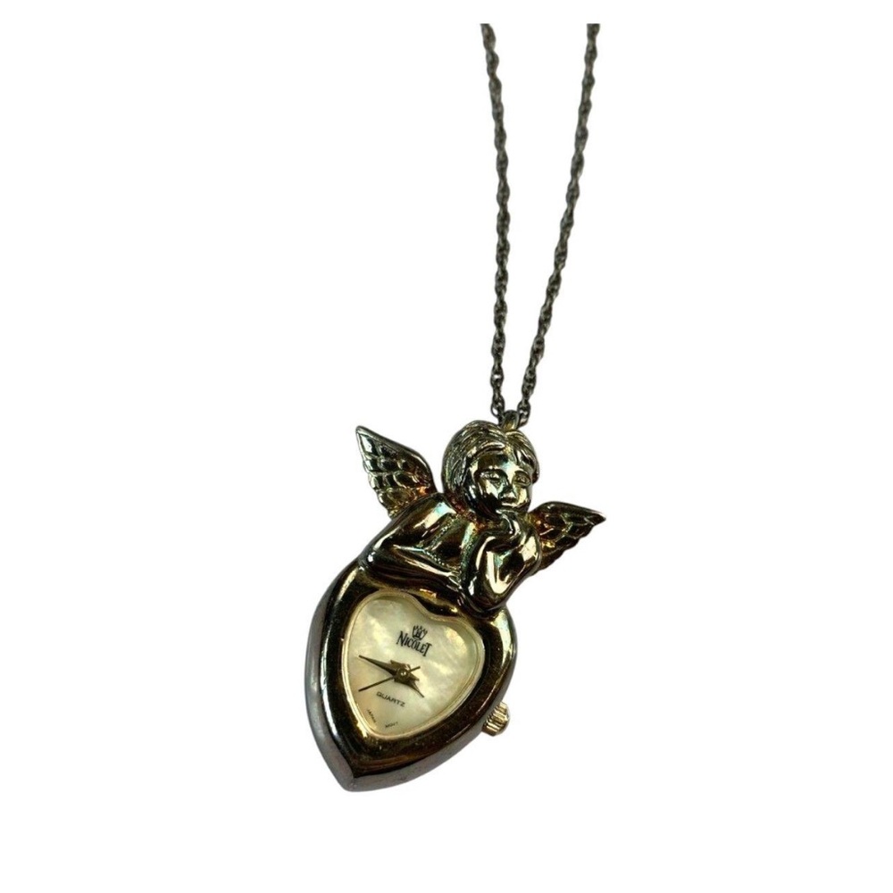 Nicolet Sterling Silver Angel Pendant Vintage Watch Necklace 925 Quartz Working